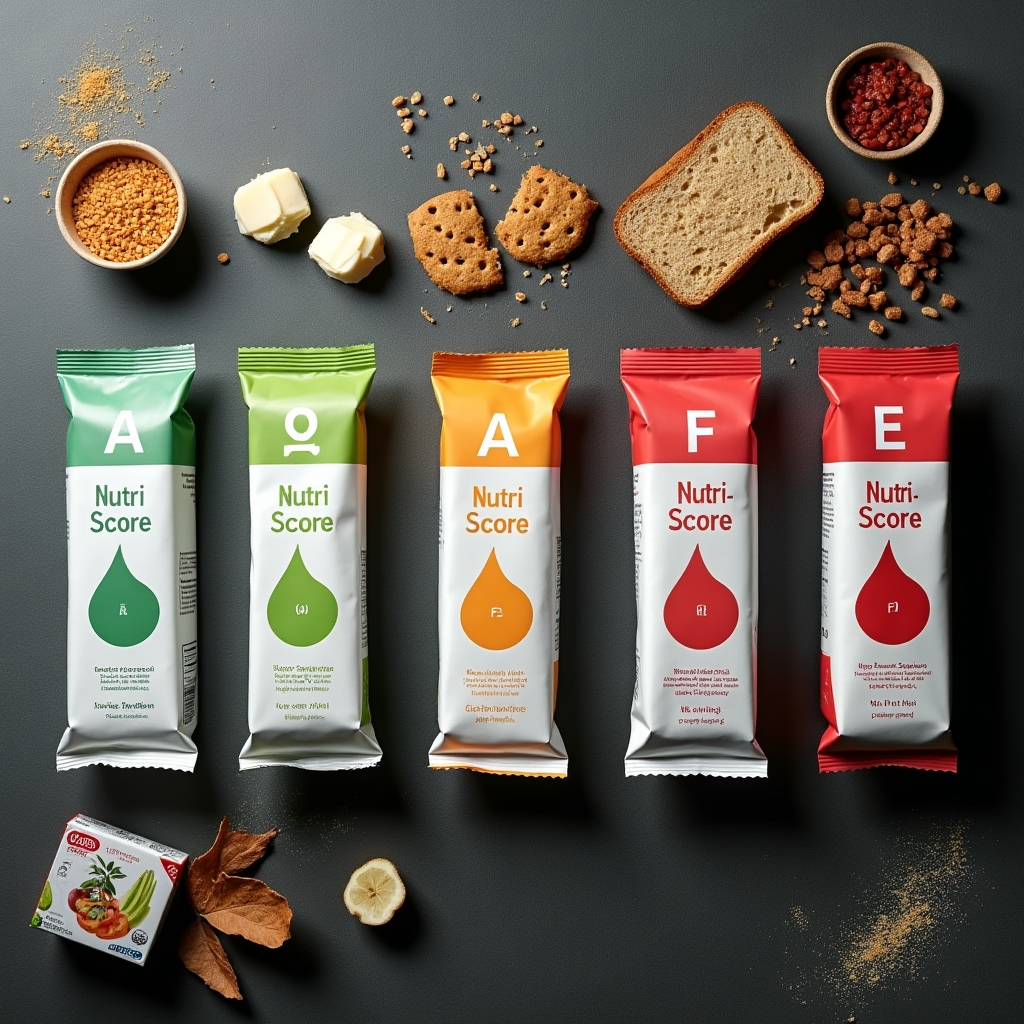 Nutri-Score A through E rating scale displayed on coloured packaging examples