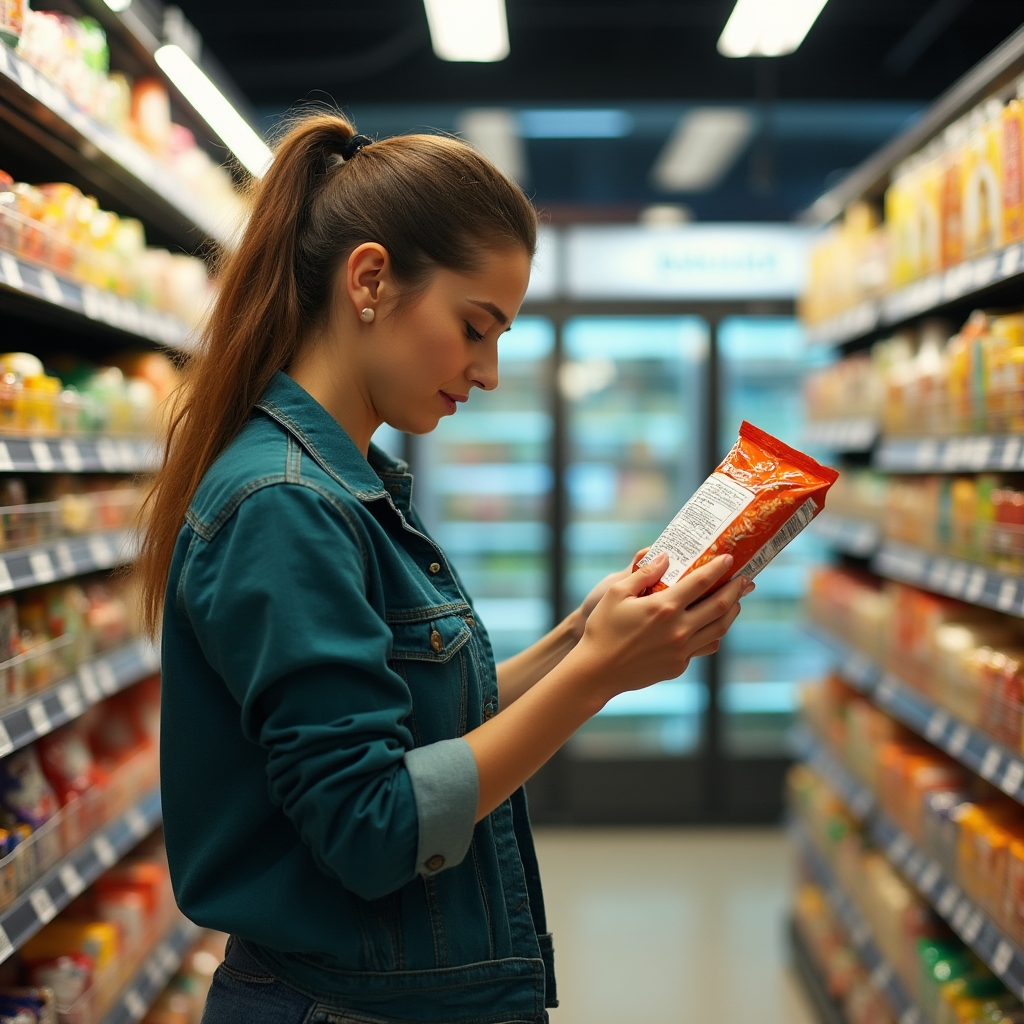 Person examining food product labels in a Polish supermarket aisle