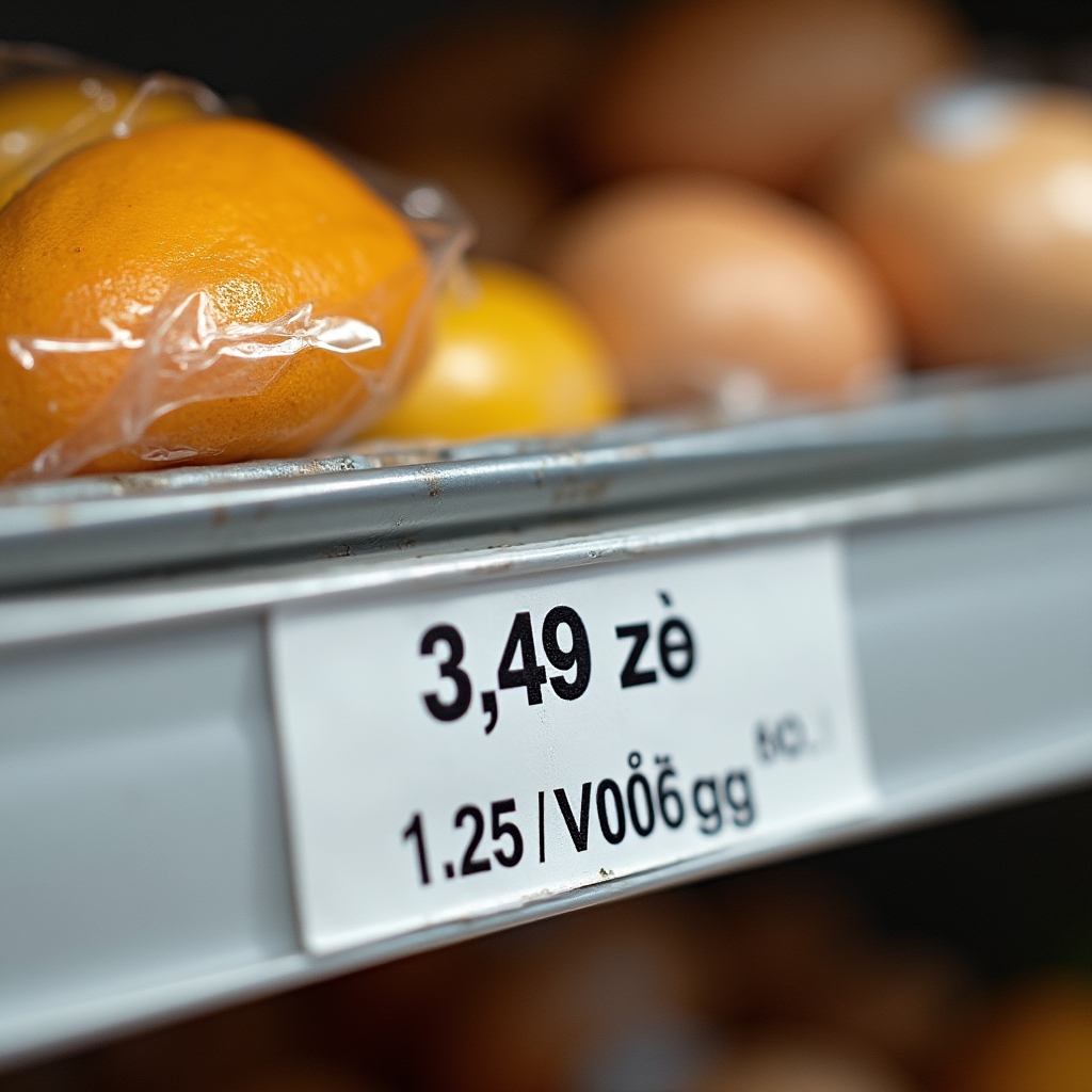 Detailed view of shelf price label showing unit price per 100g in Polish supermarket