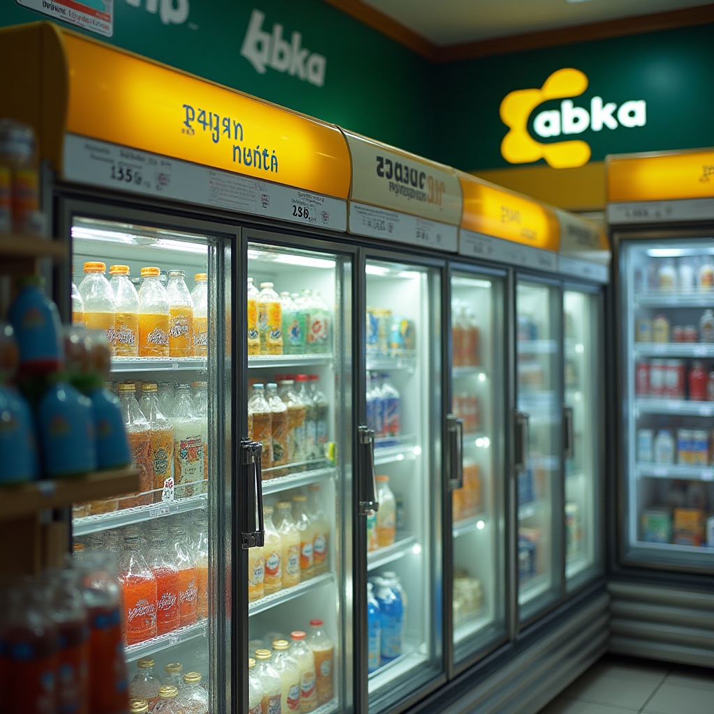 Żabka convenience store shelf with various food products showing price labels