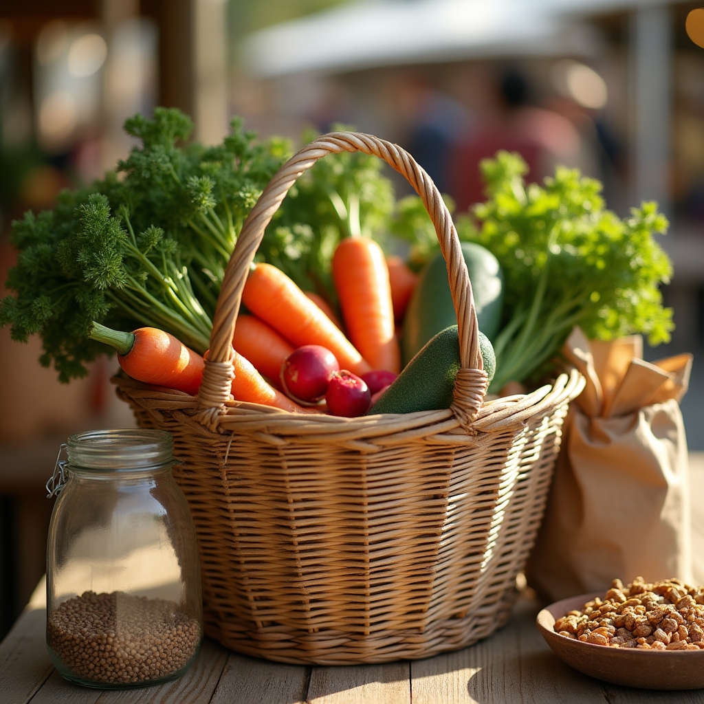 Reusable shopping bag with fresh produce and minimally packaged food items